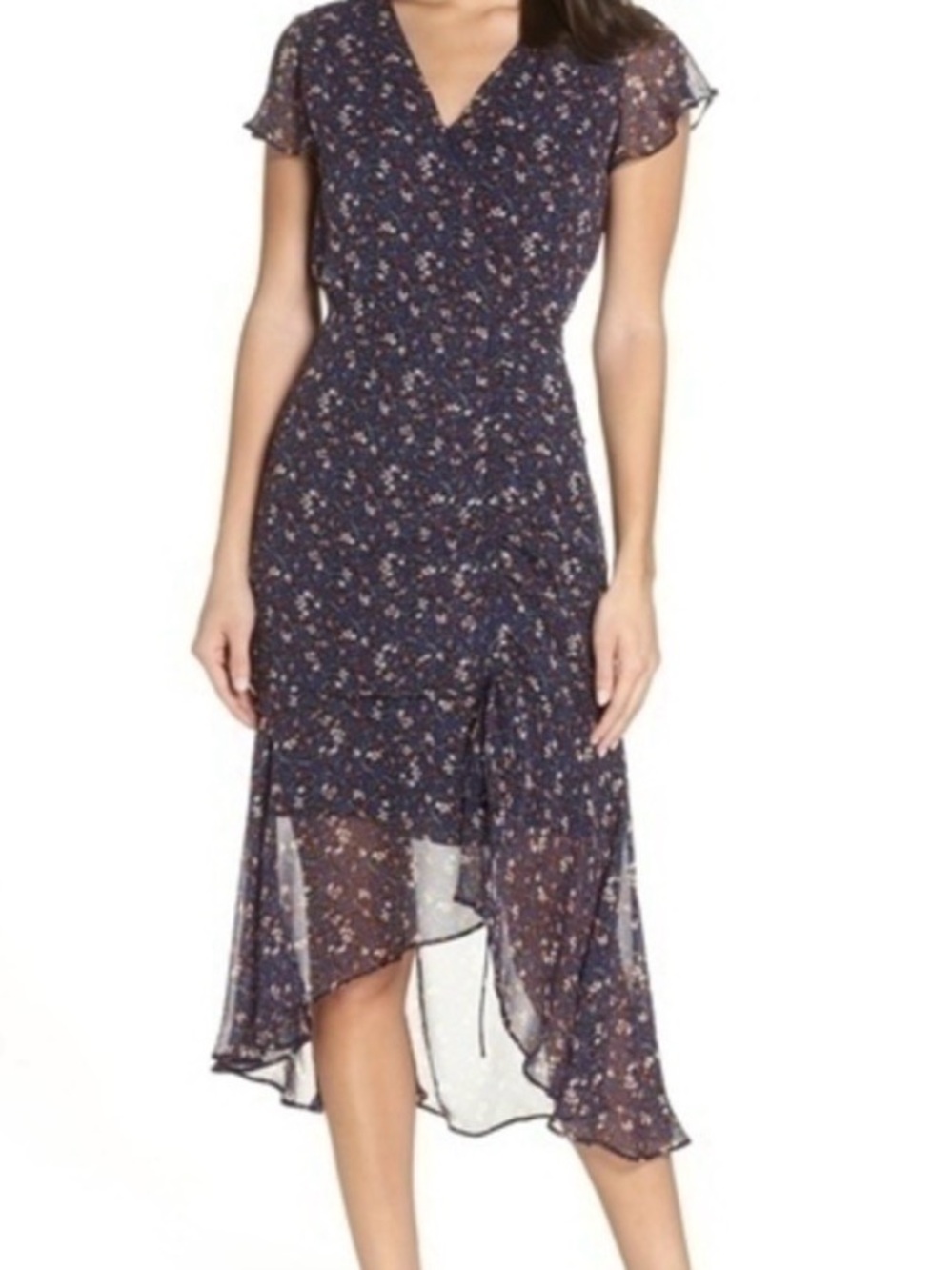 Sam Edelman Floral High Low Midi Dress Size 8 Flutter Sleeve Ruched